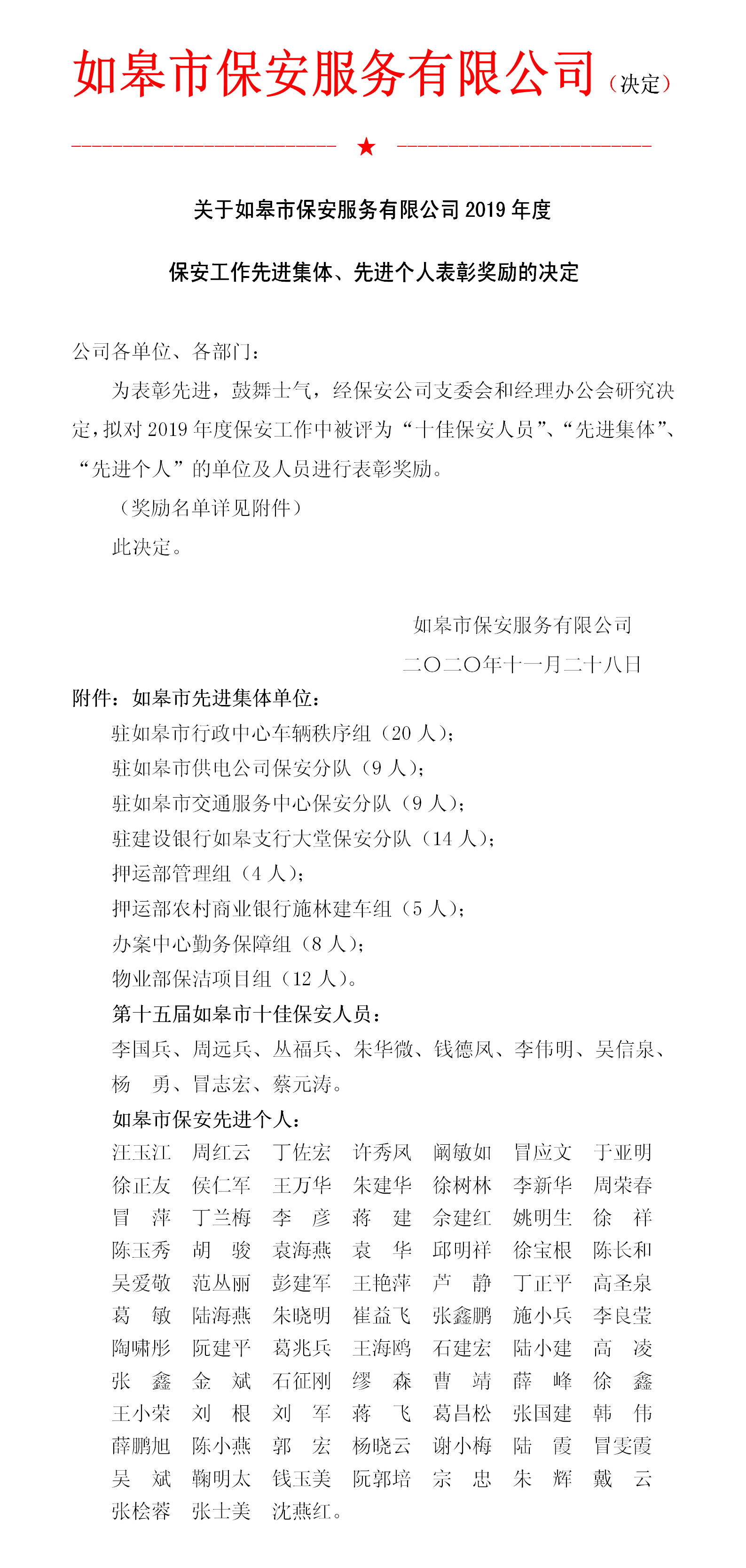 關(guān)于如皋市保安服務(wù)有限公司2019年度 保安工作先進集體、先進個人表彰獎勵的決定